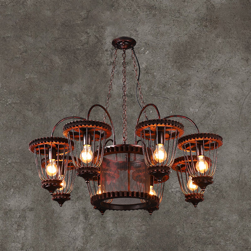Wrought Iron Large Cage Chandelier Industrial Style Hanging Pendant Light Fixtures in Rust Finish 8 Rust Clearhalo 'Cast Iron' 'Ceiling Lights' 'Chandeliers' 'Industrial Chandeliers' 'Industrial' 'Metal' 'Middle Century Chandeliers' 'Rustic Chandeliers' 'Tiffany' Lighting' 2555289