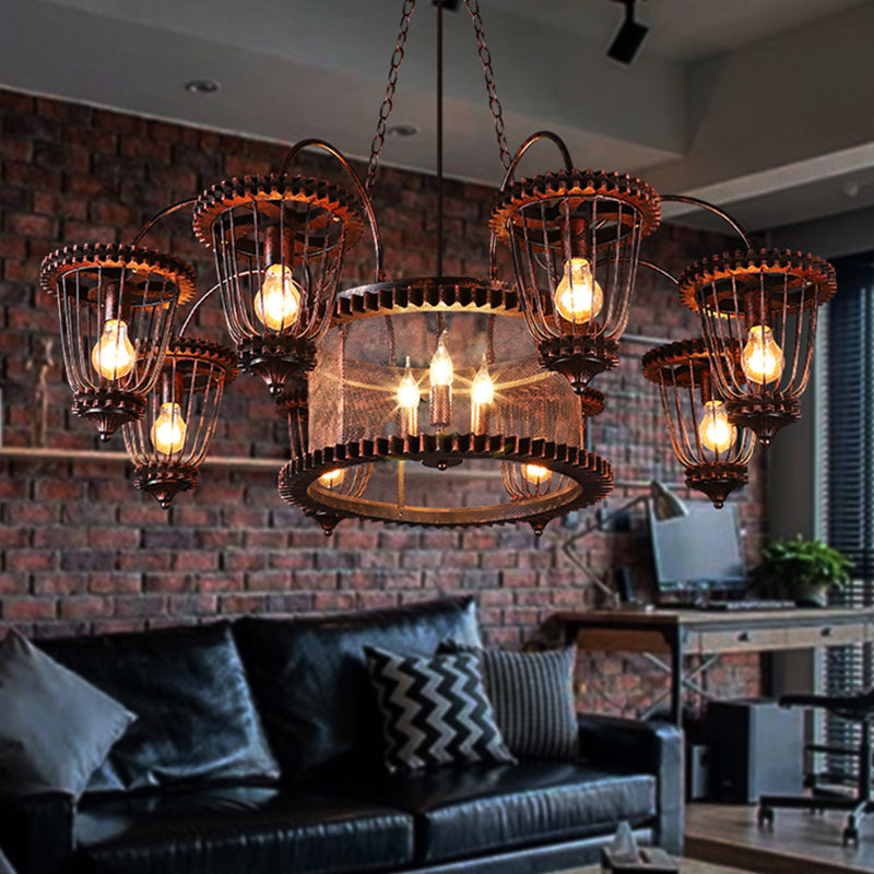 Wrought Iron Large Cage Chandelier Industrial Style Hanging Pendant Light Fixtures in Rust Finish Clearhalo 'Cast Iron' 'Ceiling Lights' 'Chandeliers' 'Industrial Chandeliers' 'Industrial' 'Metal' 'Middle Century Chandeliers' 'Rustic Chandeliers' 'Tiffany' Lighting' 2555290