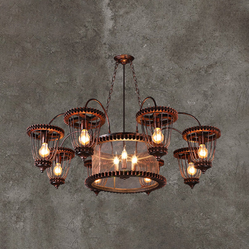 Wrought Iron Large Cage Chandelier Industrial Style Hanging Pendant Light Fixtures in Rust Finish 11 Rust Clearhalo 'Cast Iron' 'Ceiling Lights' 'Chandeliers' 'Industrial Chandeliers' 'Industrial' 'Metal' 'Middle Century Chandeliers' 'Rustic Chandeliers' 'Tiffany' Lighting' 2555291