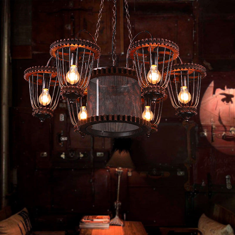 Wrought Iron Large Cage Chandelier Industrial Style Hanging Pendant Light Fixtures in Rust Finish Clearhalo 'Cast Iron' 'Ceiling Lights' 'Chandeliers' 'Industrial Chandeliers' 'Industrial' 'Metal' 'Middle Century Chandeliers' 'Rustic Chandeliers' 'Tiffany' Lighting' 2555292