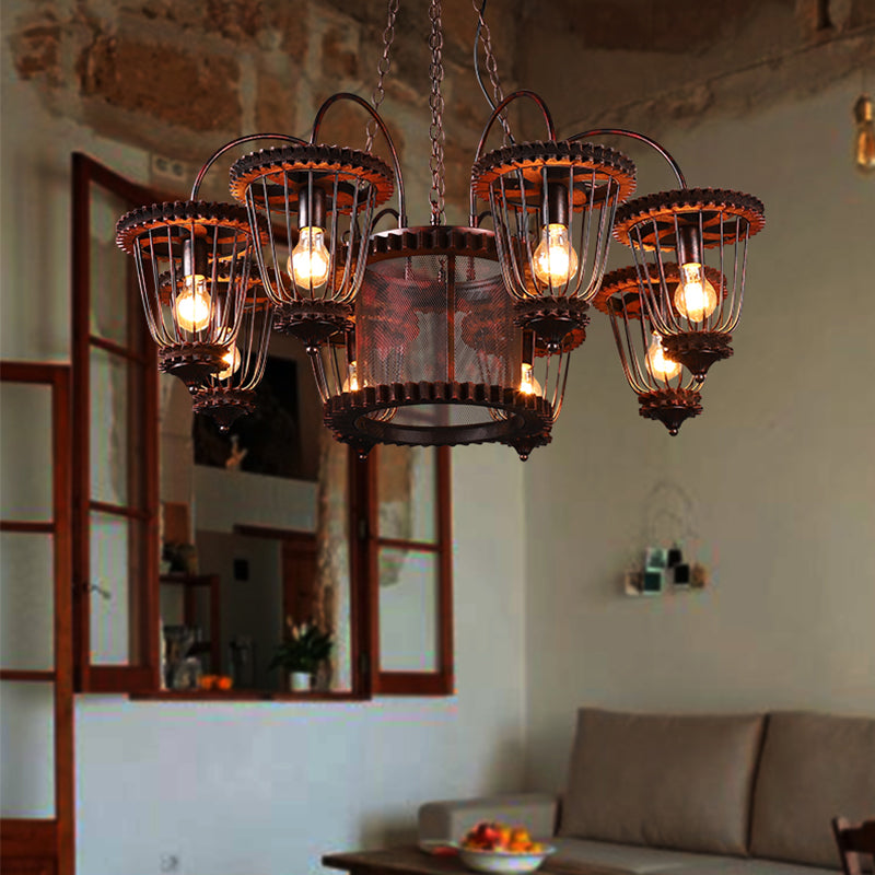 Wrought Iron Large Cage Chandelier Industrial Style Hanging Pendant Light Fixtures in Rust Finish Clearhalo 'Cast Iron' 'Ceiling Lights' 'Chandeliers' 'Industrial Chandeliers' 'Industrial' 'Metal' 'Middle Century Chandeliers' 'Rustic Chandeliers' 'Tiffany' Lighting' 2555293