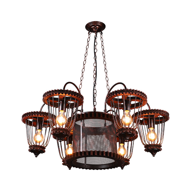 Wrought Iron Large Cage Chandelier Industrial Style Hanging Pendant Light Fixtures in Rust Finish Clearhalo 'Cast Iron' 'Ceiling Lights' 'Chandeliers' 'Industrial Chandeliers' 'Industrial' 'Metal' 'Middle Century Chandeliers' 'Rustic Chandeliers' 'Tiffany' Lighting' 2555294
