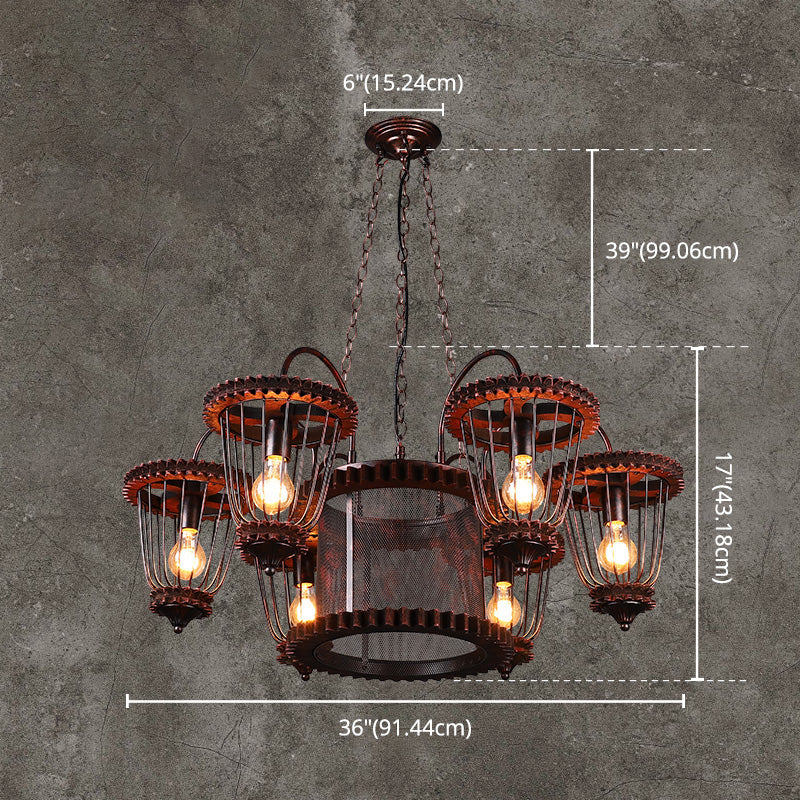 Wrought Iron Large Cage Chandelier Industrial Style Hanging Pendant Light Fixtures in Rust Finish Clearhalo 'Cast Iron' 'Ceiling Lights' 'Chandeliers' 'Industrial Chandeliers' 'Industrial' 'Metal' 'Middle Century Chandeliers' 'Rustic Chandeliers' 'Tiffany' Lighting' 2555295