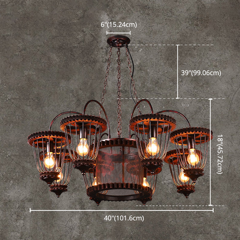 Wrought Iron Large Cage Chandelier Industrial Style Hanging Pendant Light Fixtures in Rust Finish Clearhalo 'Cast Iron' 'Ceiling Lights' 'Chandeliers' 'Industrial Chandeliers' 'Industrial' 'Metal' 'Middle Century Chandeliers' 'Rustic Chandeliers' 'Tiffany' Lighting' 2555297