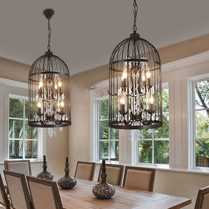 Retro Industrial Style Chandeliers Light Wrought Iron 8-Light Cage Shaped Coffee Shop Hanging Lamp with Crystal Decorative Pendant Clearhalo 'Cast Iron' 'Ceiling Lights' 'Chandeliers' 'Industrial Chandeliers' 'Industrial' 'Metal' 'Middle Century Chandeliers' 'Rustic Chandeliers' 'Tiffany' Lighting' 2555300