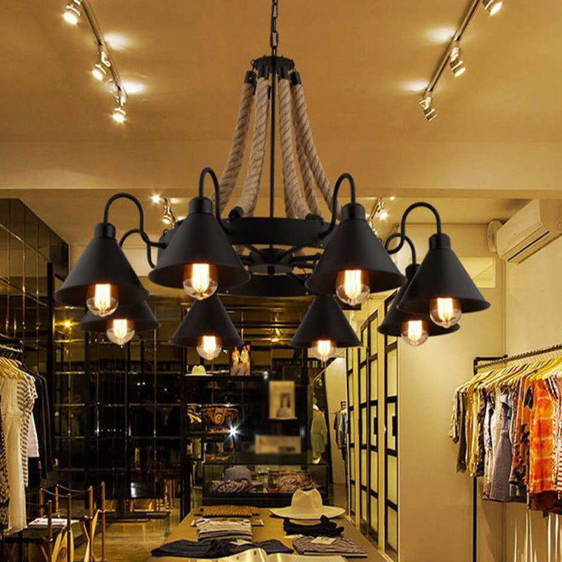 Vintage Industrial Style Large Chandelier with Rope and Cone Metal Shade Coffee Shop Hanging Pendant Light Clearhalo 'Ceiling Lights' 'Chandeliers' 'Industrial Chandeliers' 'Industrial' 'Middle Century Chandeliers' 'Tiffany' Lighting' 2555303