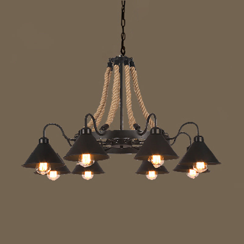 Vintage Industrial Style Large Chandelier with Rope and Cone Metal Shade Coffee Shop Hanging Pendant Light 8 Black Clearhalo 'Ceiling Lights' 'Chandeliers' 'Industrial Chandeliers' 'Industrial' 'Middle Century Chandeliers' 'Tiffany' Lighting' 2555305