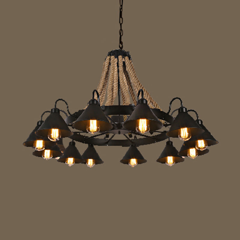 Vintage Industrial Style Large Chandelier with Rope and Cone Metal Shade Coffee Shop Hanging Pendant Light 12 Black Clearhalo 'Ceiling Lights' 'Chandeliers' 'Industrial Chandeliers' 'Industrial' 'Middle Century Chandeliers' 'Tiffany' Lighting' 2555306