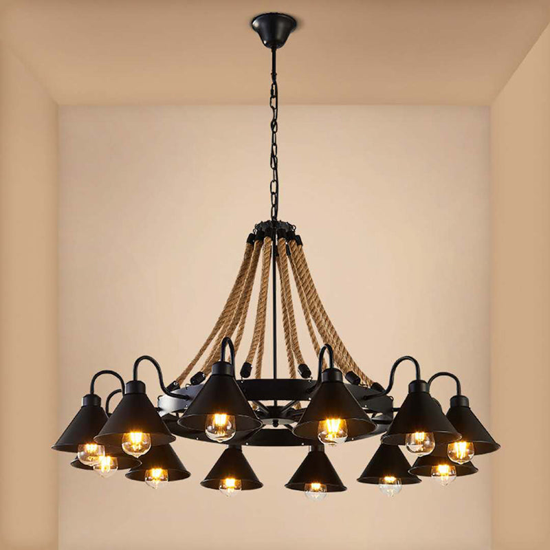 Vintage Industrial Style Large Chandelier with Rope and Cone Metal Shade Coffee Shop Hanging Pendant Light Clearhalo 'Ceiling Lights' 'Chandeliers' 'Industrial Chandeliers' 'Industrial' 'Middle Century Chandeliers' 'Tiffany' Lighting' 2555307
