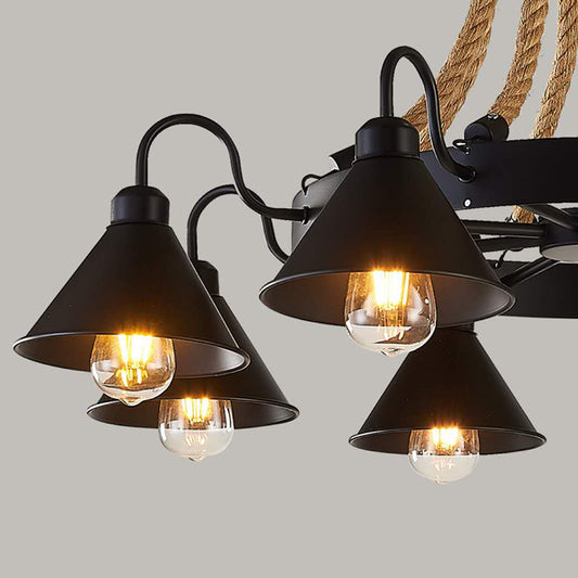 Vintage Industrial Style Large Chandelier with Rope and Cone Metal Shade Coffee Shop Hanging Pendant Light Clearhalo 'Ceiling Lights' 'Chandeliers' 'Industrial Chandeliers' 'Industrial' 'Middle Century Chandeliers' 'Tiffany' Lighting' 2555308