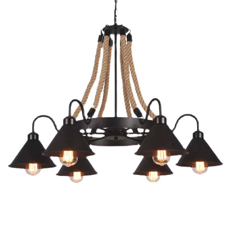 Vintage Industrial Style Large Chandelier with Rope and Cone Metal Shade Coffee Shop Hanging Pendant Light Clearhalo 'Ceiling Lights' 'Chandeliers' 'Industrial Chandeliers' 'Industrial' 'Middle Century Chandeliers' 'Tiffany' Lighting' 2555309