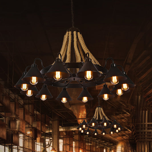 Vintage Industrial Style Large Chandelier with Rope and Cone Metal Shade Coffee Shop Hanging Pendant Light Clearhalo 'Ceiling Lights' 'Chandeliers' 'Industrial Chandeliers' 'Industrial' 'Middle Century Chandeliers' 'Tiffany' Lighting' 2555310