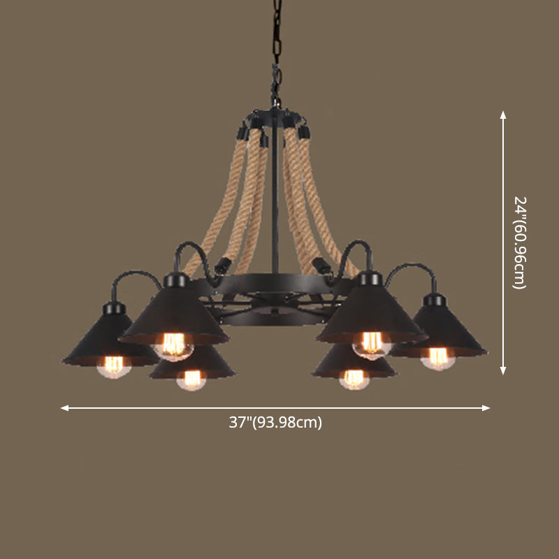 Vintage Industrial Style Large Chandelier with Rope and Cone Metal Shade Coffee Shop Hanging Pendant Light Clearhalo 'Ceiling Lights' 'Chandeliers' 'Industrial Chandeliers' 'Industrial' 'Middle Century Chandeliers' 'Tiffany' Lighting' 2555311