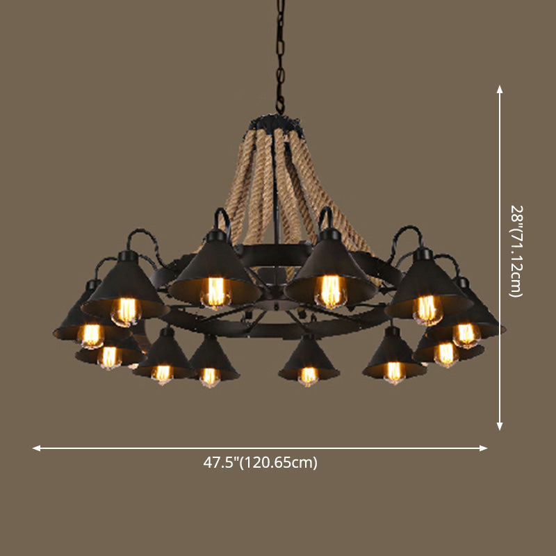 Vintage Industrial Style Large Chandelier with Rope and Cone Metal Shade Coffee Shop Hanging Pendant Light Clearhalo 'Ceiling Lights' 'Chandeliers' 'Industrial Chandeliers' 'Industrial' 'Middle Century Chandeliers' 'Tiffany' Lighting' 2555312
