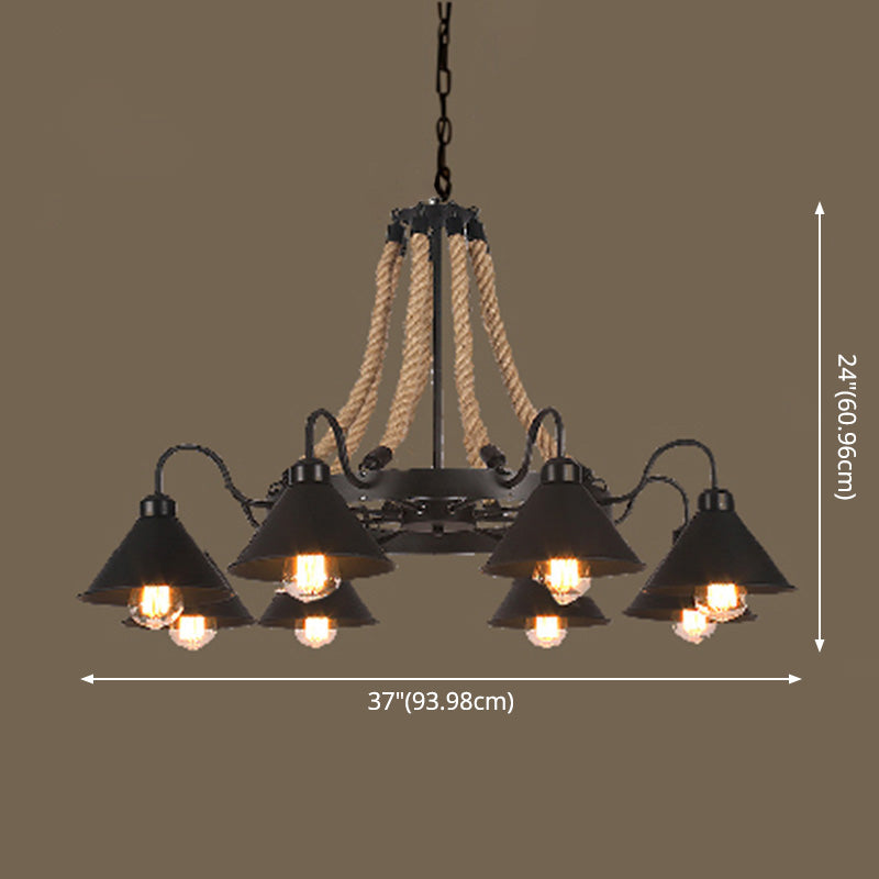 Vintage Industrial Style Large Chandelier with Rope and Cone Metal Shade Coffee Shop Hanging Pendant Light Clearhalo 'Ceiling Lights' 'Chandeliers' 'Industrial Chandeliers' 'Industrial' 'Middle Century Chandeliers' 'Tiffany' Lighting' 2555313