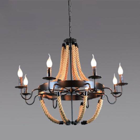 Black Finish Candle Shape Chandelier Light Industrial Rope Style Hanging Pendant Lamp with 39" Adjustable Chain 8 Black Clearhalo 'Ceiling Lights' 'Chandeliers' 'Industrial Chandeliers' 'Industrial' 'Middle Century Chandeliers' 'Tiffany' Lighting' 2555316