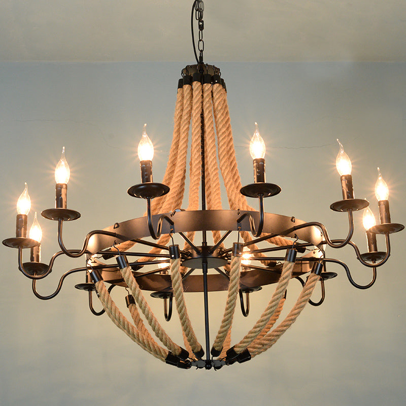 Black Finish Candle Shape Chandelier Light Industrial Rope Style Hanging Pendant Lamp with 39" Adjustable Chain Clearhalo 'Ceiling Lights' 'Chandeliers' 'Industrial Chandeliers' 'Industrial' 'Middle Century Chandeliers' 'Tiffany' Lighting' 2555317