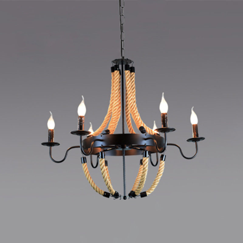 Black Finish Candle Shape Chandelier Light Industrial Rope Style Hanging Pendant Lamp with 39" Adjustable Chain 6 Black Clearhalo 'Ceiling Lights' 'Chandeliers' 'Industrial Chandeliers' 'Industrial' 'Middle Century Chandeliers' 'Tiffany' Lighting' 2555318