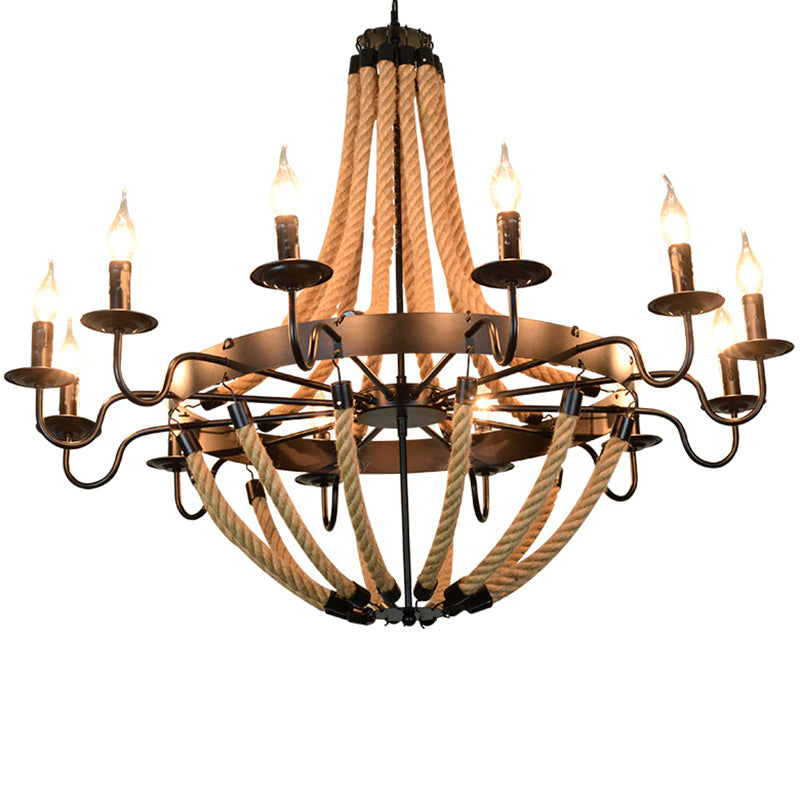 Black Finish Candle Shape Chandelier Light Industrial Rope Style Hanging Pendant Lamp with 39" Adjustable Chain Clearhalo 'Ceiling Lights' 'Chandeliers' 'Industrial Chandeliers' 'Industrial' 'Middle Century Chandeliers' 'Tiffany' Lighting' 2555321