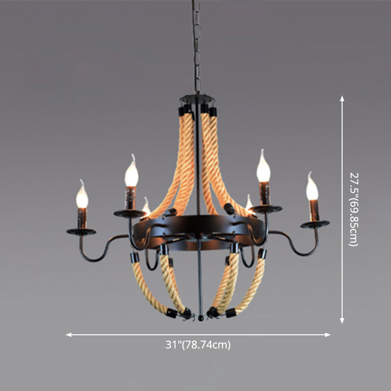 Black Finish Candle Shape Chandelier Light Industrial Rope Style Hanging Pendant Lamp with 39" Adjustable Chain Clearhalo 'Ceiling Lights' 'Chandeliers' 'Industrial Chandeliers' 'Industrial' 'Middle Century Chandeliers' 'Tiffany' Lighting' 2555322