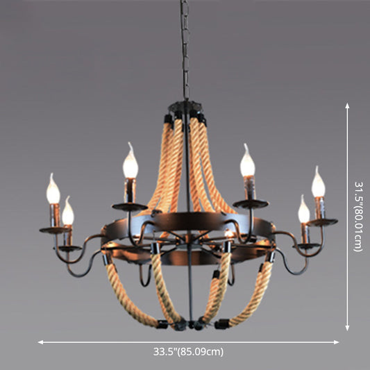 Black Finish Candle Shape Chandelier Light Industrial Rope Style Hanging Pendant Lamp with 39" Adjustable Chain Clearhalo 'Ceiling Lights' 'Chandeliers' 'Industrial Chandeliers' 'Industrial' 'Middle Century Chandeliers' 'Tiffany' Lighting' 2555323