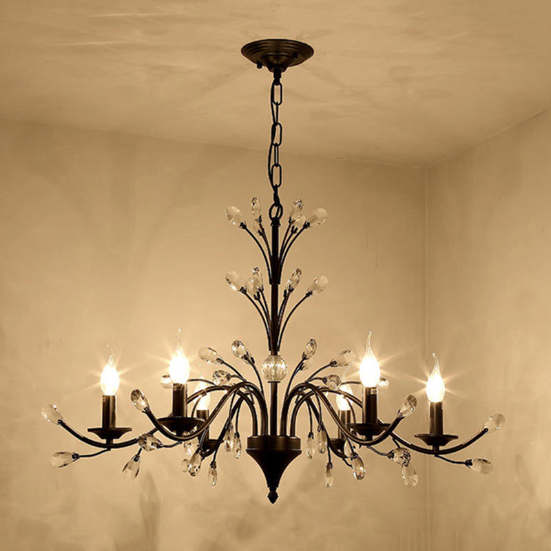 Exposed Bulb Metal Ceiling Chandelier Vintage 3/6/9 Lights Living Room Suspension Lighting in Black with Crystal Draping 6 Black Clearhalo 'Ceiling Lights' 'Chandeliers' Lighting' options 255548_7f1e27aa-4b24-4792-b6aa-9511c2c982e1