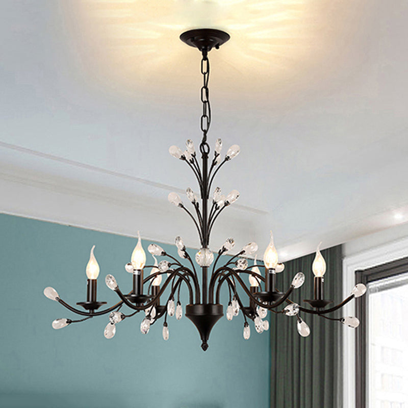 Exposed Bulb Metal Ceiling Chandelier Vintage 3/6/9 Lights Living Room Suspension Lighting in Black with Crystal Draping Clearhalo 'Ceiling Lights' 'Chandeliers' Lighting' options 255549