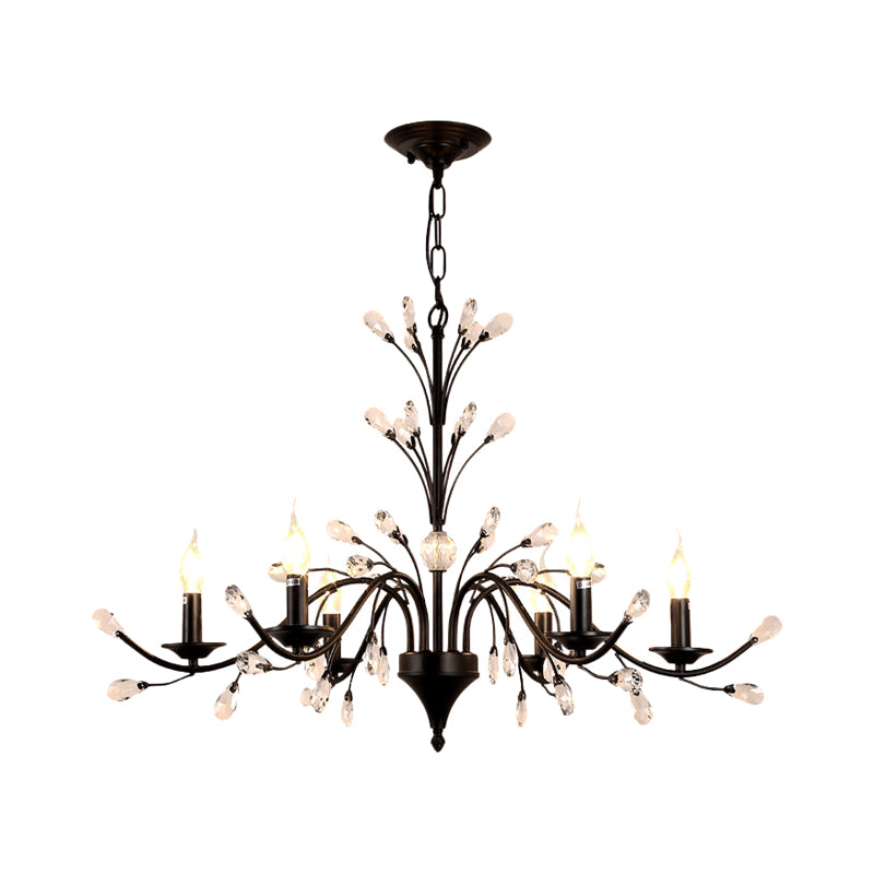 Exposed Bulb Metal Ceiling Chandelier Vintage 3/6/9 Lights Living Room Suspension Lighting in Black with Crystal Draping Clearhalo 'Ceiling Lights' 'Chandeliers' Lighting' options 255550
