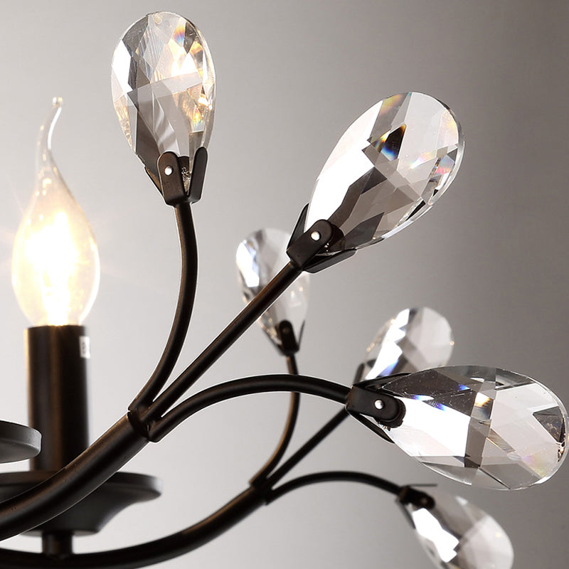 Exposed Bulb Metal Ceiling Chandelier Vintage 3/6/9 Lights Living Room Suspension Lighting in Black with Crystal Draping Clearhalo 'Ceiling Lights' 'Chandeliers' Lighting' options 255551