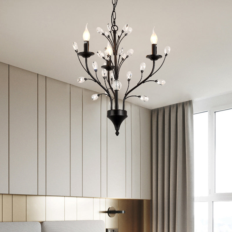 Exposed Bulb Metal Ceiling Chandelier Vintage 3/6/9 Lights Living Room Suspension Lighting in Black with Crystal Draping Clearhalo 'Ceiling Lights' 'Chandeliers' Lighting' options 255553