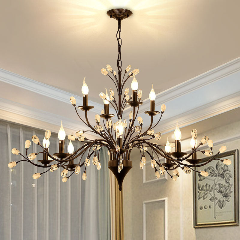 Exposed Bulb Metal Ceiling Chandelier Vintage 3/6/9 Lights Living Room Suspension Lighting in Black with Crystal Draping 12 Black Clearhalo 'Ceiling Lights' 'Chandeliers' Lighting' options 255555_c0b3c177-4adc-46e3-8588-be88cf07557d