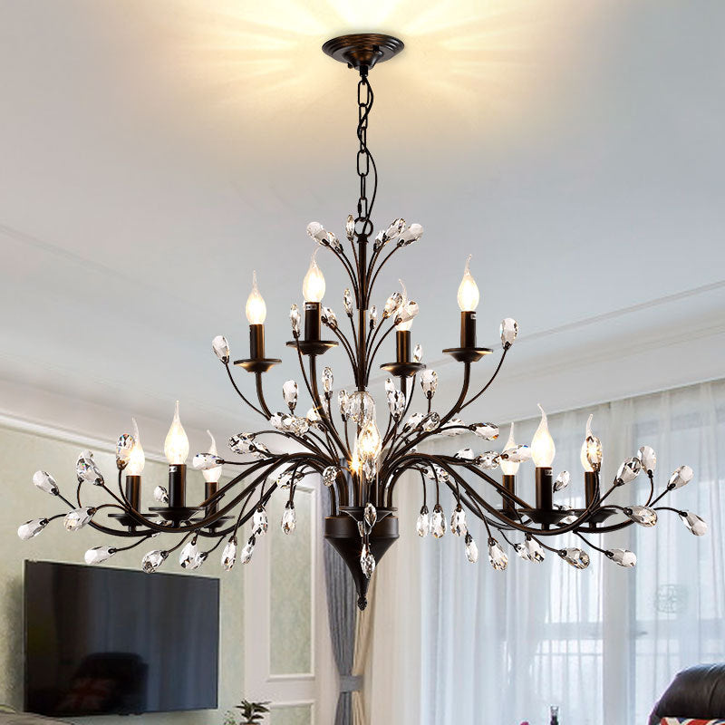 Exposed Bulb Metal Ceiling Chandelier Vintage 3/6/9 Lights Living Room Suspension Lighting in Black with Crystal Draping Clearhalo 'Ceiling Lights' 'Chandeliers' Lighting' options 255556