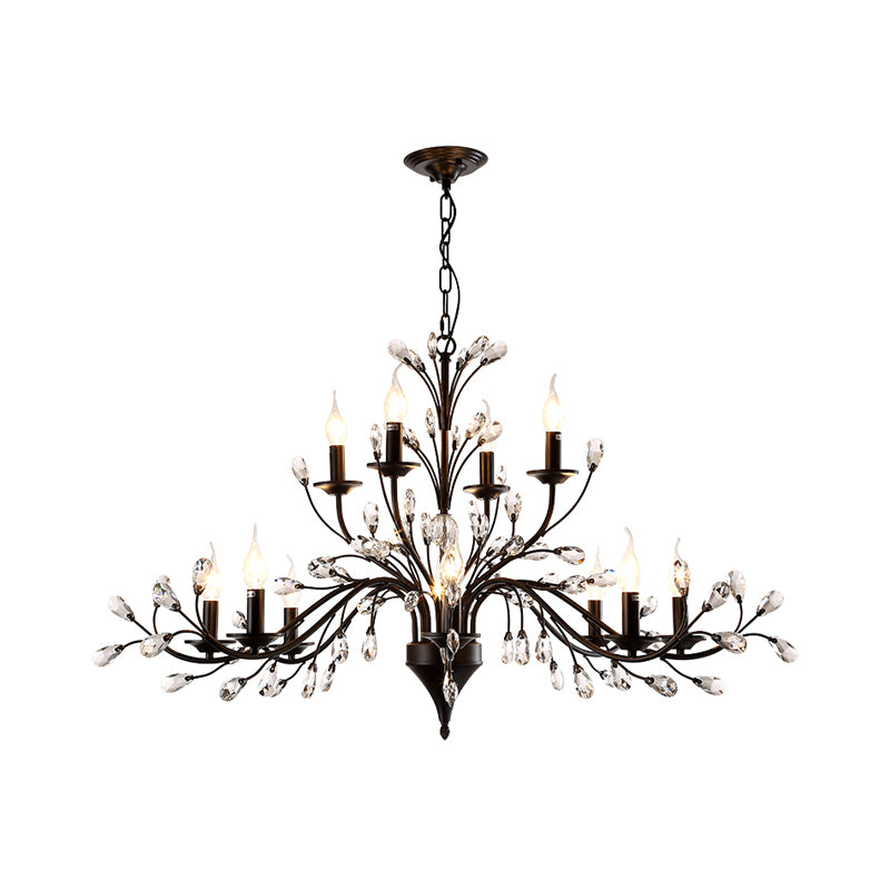 Exposed Bulb Metal Ceiling Chandelier Vintage 3/6/9 Lights Living Room Suspension Lighting in Black with Crystal Draping Clearhalo 'Ceiling Lights' 'Chandeliers' Lighting' options 255557