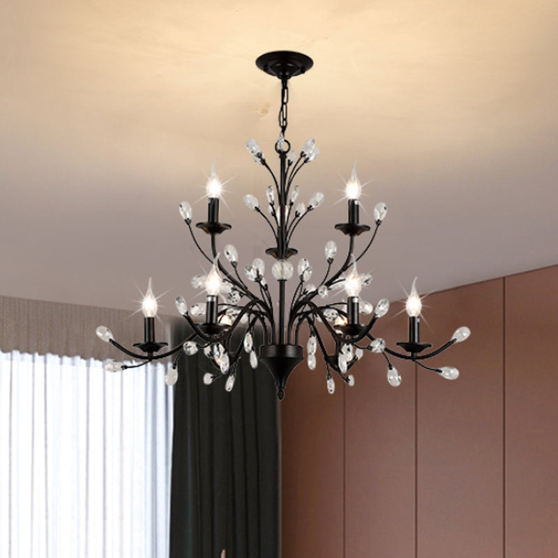 Exposed Bulb Metal Ceiling Chandelier Vintage 3/6/9 Lights Living Room Suspension Lighting in Black with Crystal Draping 9 Black Clearhalo 'Ceiling Lights' 'Chandeliers' Lighting' options 255558_f5c12d22-cfb7-45f7-b395-c6634d0c700a