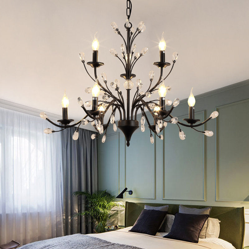Exposed Bulb Metal Ceiling Chandelier Vintage 3/6/9 Lights Living Room Suspension Lighting in Black with Crystal Draping Clearhalo 'Ceiling Lights' 'Chandeliers' Lighting' options 255559