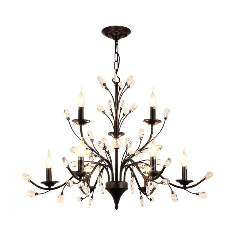 Exposed Bulb Metal Ceiling Chandelier Vintage 3/6/9 Lights Living Room Suspension Lighting in Black with Crystal Draping Clearhalo 'Ceiling Lights' 'Chandeliers' Lighting' options 255560