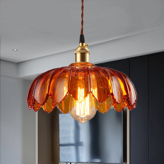 Scalloped Pendant Lighting Corridor Amber Glass Single Bulb Vintage Hanging Light, 8"/10"/12" Wide Amber Clearhalo 'Ceiling Lights' 'Glass shade' 'Glass' 'Industrial Pendants' 'Industrial' 'Middle Century Pendants' 'Pendant Lights' 'Pendants' 'Tiffany' Lighting' 255596