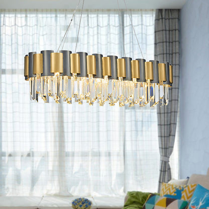 10 Heads Tri-Sided Crystal Rod Hanging Lamp Traditional Gold Oval Dining Room Chandelier Light Gold Clearhalo 'Ceiling Lights' 'Island Lights' Lighting' 255610