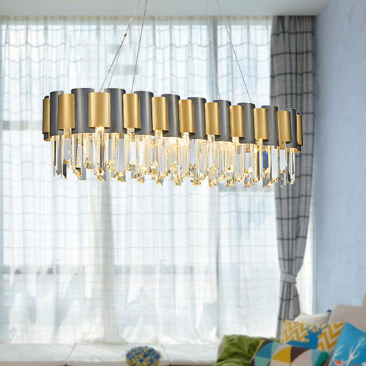 10 Heads Tri-Sided Crystal Rod Hanging Lamp Traditional Gold Oval Dining Room Chandelier Light Gold Clearhalo 'Ceiling Lights' 'Island Lights' Lighting' 255610