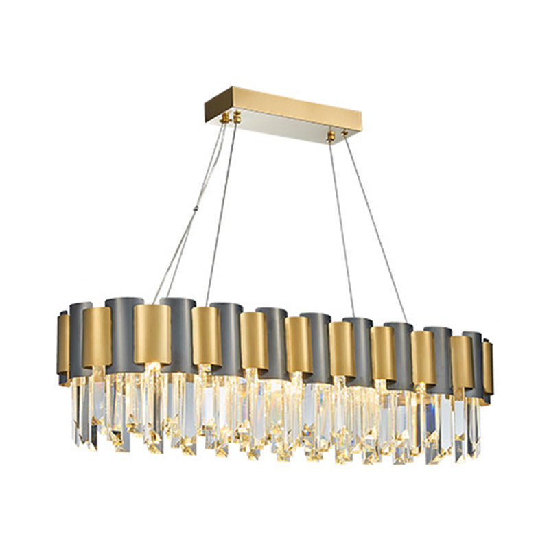 10 Heads Tri-Sided Crystal Rod Hanging Lamp Traditional Gold Oval Dining Room Chandelier Light Clearhalo 'Ceiling Lights' 'Island Lights' Lighting' 255613