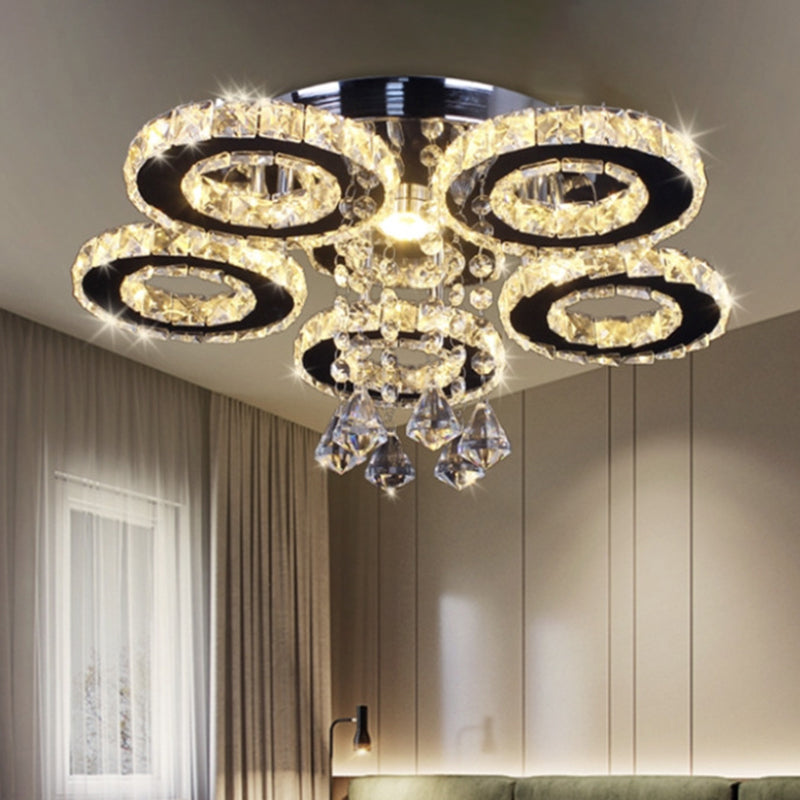 Floral Crystal Semi Flush Ceiling Light Modern Stainless Steel LED Flush Mount Fixture for Bedroom