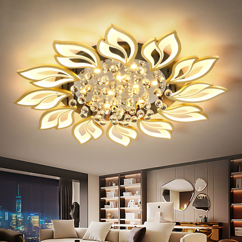 Gold Finish Flower Ceiling Lighting Contemporary LED Metal Semi Flush Mount with Crystal Ball Clearhalo 'Ceiling Lights' 'Close To Ceiling Lights' 'Close to ceiling' 'Semi-flushmount' Lighting' 2556464
