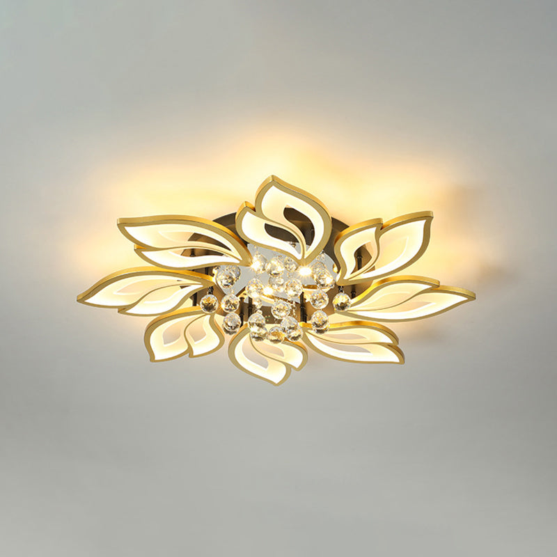 Gold Finish Flower Ceiling Lighting Contemporary LED Metal Semi Flush Mount with Crystal Ball 8 Gold Warm Clearhalo 'Ceiling Lights' 'Close To Ceiling Lights' 'Close to ceiling' 'Semi-flushmount' Lighting' 2556465