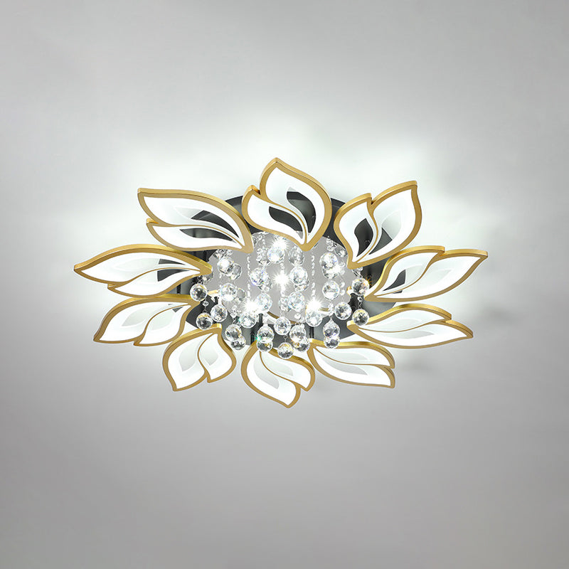 Gold Finish Flower Ceiling Lighting Contemporary LED Metal Semi Flush Mount with Crystal Ball 10 Gold White Clearhalo 'Ceiling Lights' 'Close To Ceiling Lights' 'Close to ceiling' 'Semi-flushmount' Lighting' 2556466