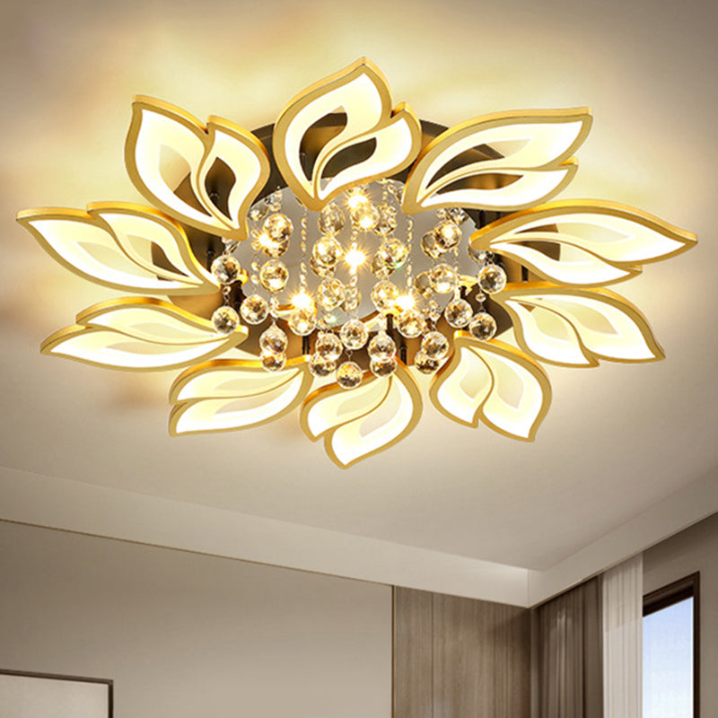 Gold Finish Flower Ceiling Lighting Contemporary LED Metal Semi Flush Mount with Crystal Ball Clearhalo 'Ceiling Lights' 'Close To Ceiling Lights' 'Close to ceiling' 'Semi-flushmount' Lighting' 2556467