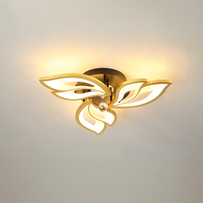 Gold Finish Flower Ceiling Lighting Contemporary LED Metal Semi Flush Mount with Crystal Ball 3 Gold Warm Clearhalo 'Ceiling Lights' 'Close To Ceiling Lights' 'Close to ceiling' 'Semi-flushmount' Lighting' 2556468