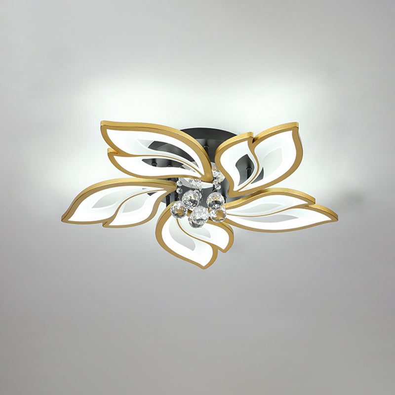 Gold Finish Flower Ceiling Lighting Contemporary LED Metal Semi Flush Mount with Crystal Ball 5 Gold White Clearhalo 'Ceiling Lights' 'Close To Ceiling Lights' 'Close to ceiling' 'Semi-flushmount' Lighting' 2556469