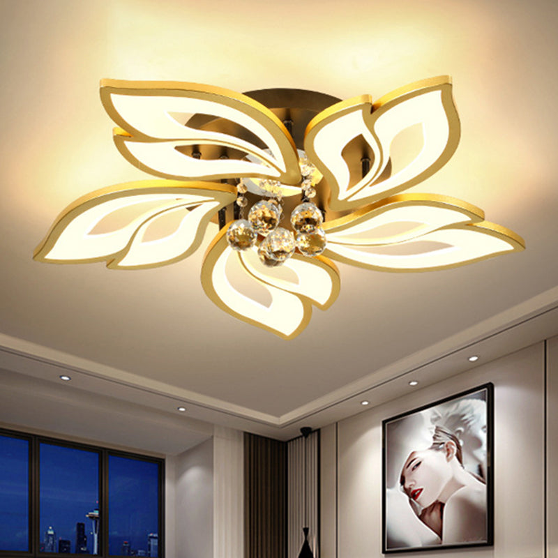 Gold Finish Flower Ceiling Lighting Contemporary LED Metal Semi Flush Mount with Crystal Ball Clearhalo 'Ceiling Lights' 'Close To Ceiling Lights' 'Close to ceiling' 'Semi-flushmount' Lighting' 2556470