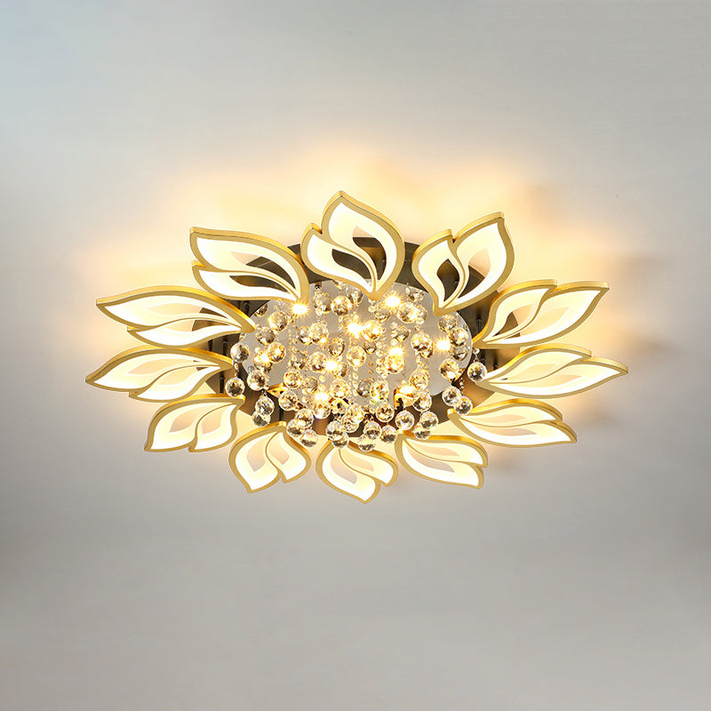 Gold Finish Flower Ceiling Lighting Contemporary LED Metal Semi Flush Mount with Crystal Ball 12 Gold Warm Clearhalo 'Ceiling Lights' 'Close To Ceiling Lights' 'Close to ceiling' 'Semi-flushmount' Lighting' 2556471