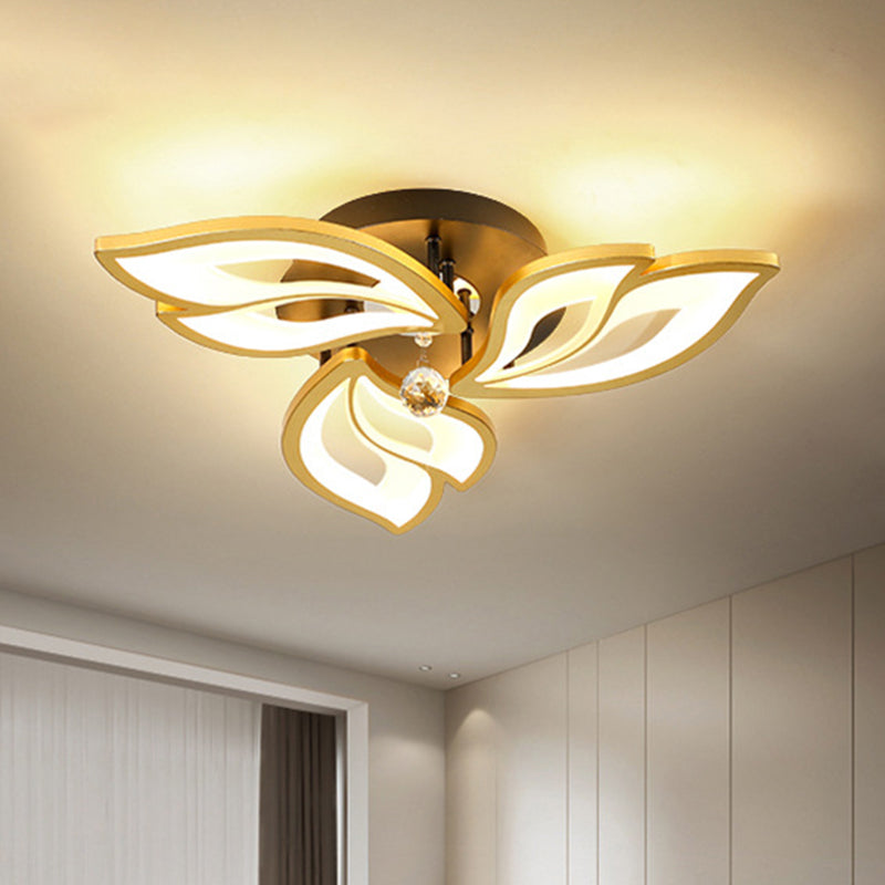Gold Finish Flower Ceiling Lighting Contemporary LED Metal Semi Flush Mount with Crystal Ball Clearhalo 'Ceiling Lights' 'Close To Ceiling Lights' 'Close to ceiling' 'Semi-flushmount' Lighting' 2556472